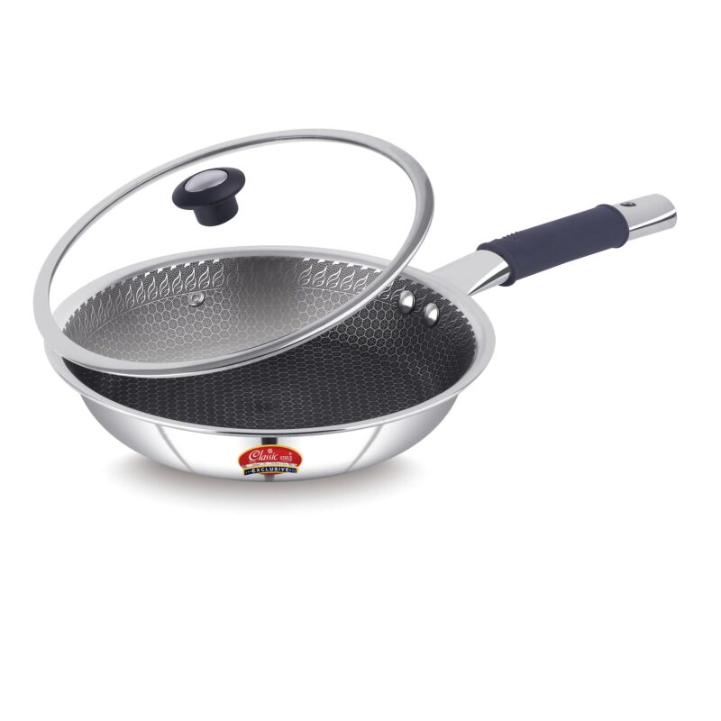 Classic Steels Hexa Comb Triply Frypan with Glass Lid - 1.5 LTR (22cm) | Stainless Steel Non-Stick Fry Pan | Induction & Gas Compatible | 2.5mm Thickness | Durable Stay Cool Silicon Handle