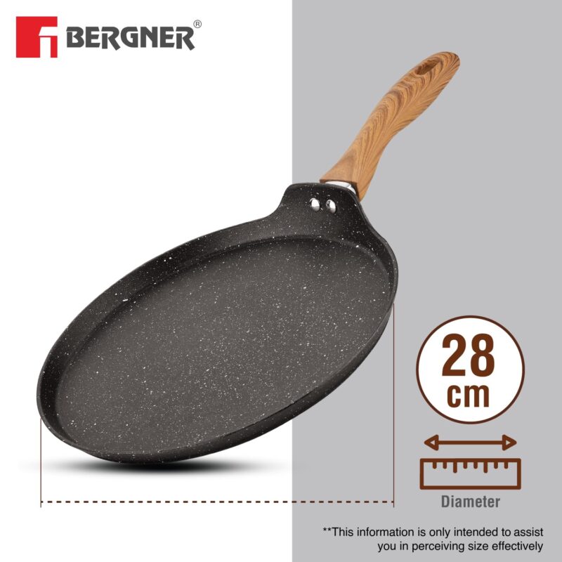 BERGNER Ivory Black Granite Non-Stick 28cm Dosa Tawa, 3-Layer Marble Healthy Non-Stick Coating, Forged Aluminium, PFOA Free, Non Toxic, Large Flat Dosa Tawa, Induction and Gas Stove Ready - Black - Image 3
