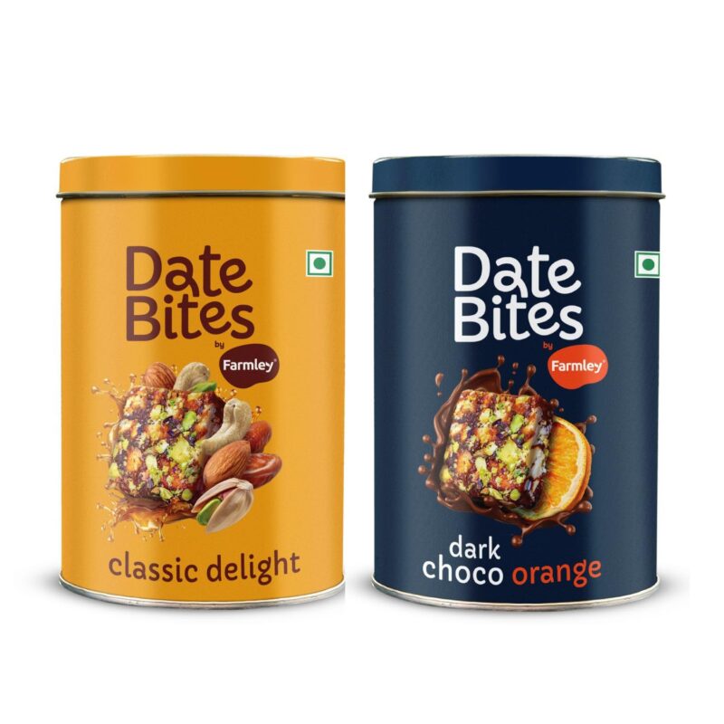Farmley Classic Date Bites & Dark Choco Orange Date Bites Tin Jar 200g X 2 I Dates Barfi Made with Dates, Pista, Cashews, Almonds, Honey and Pure Ghee