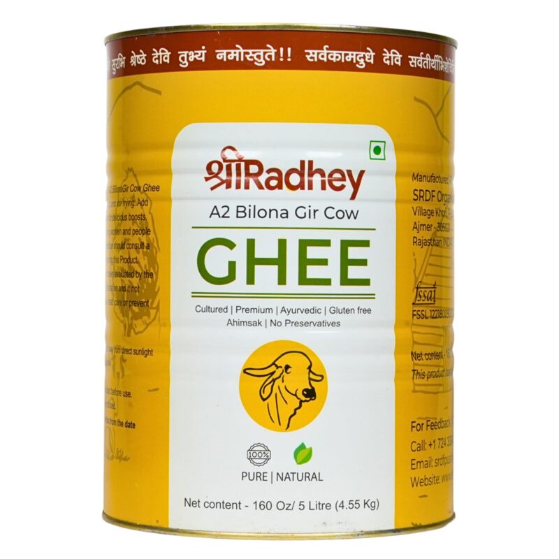 SHREERADHEY A2 Bilona Gir Cow Ghee | 5 Litre | TIN | Traditional Bilona Method | Lactose And Gluten Free | Keto Friendly