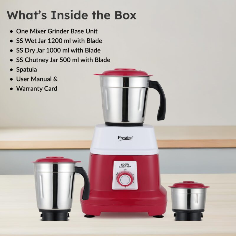 Prestige Orion 500 Watts Mixer Grinder with 3 Stainless Steel Jars |3 Super Efficient Stainless Blades |Sturdy Handles|Red & White - Image 7