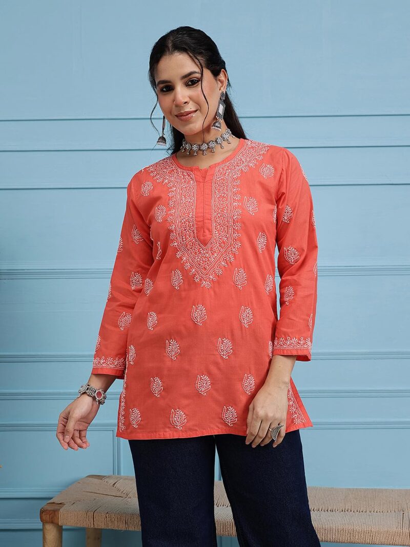 Ada Hand Embroidered Chikankari Red Cotton Top for Women A911387 (S) - Image 6