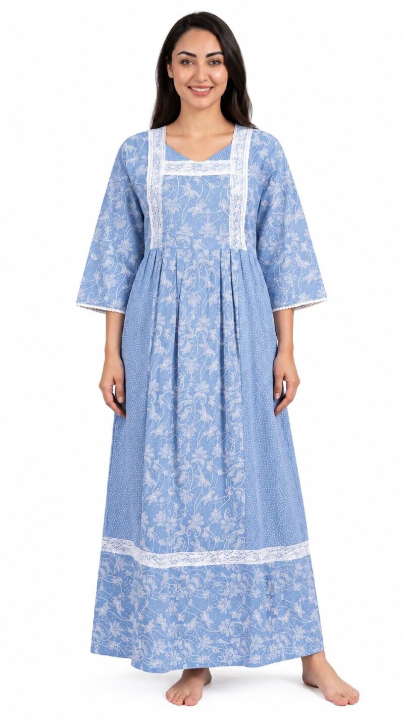 Evolove Farasha Kaftan Jalabiya Style Cotton Maxi Nighty for Women | V-Neck with Lace Trim | 3/4 Sleeves Full Length Nightdress, Light Blue, L