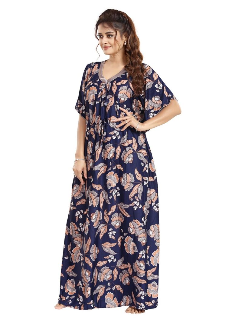 Gutthi Women's Kaftan Nighty | Printed | Sarena Fabric | V Shaped Neck Nightwear | Nightdress for Girl | Comfort wear Nighty (Blue Floral, Free Size) - Image 4