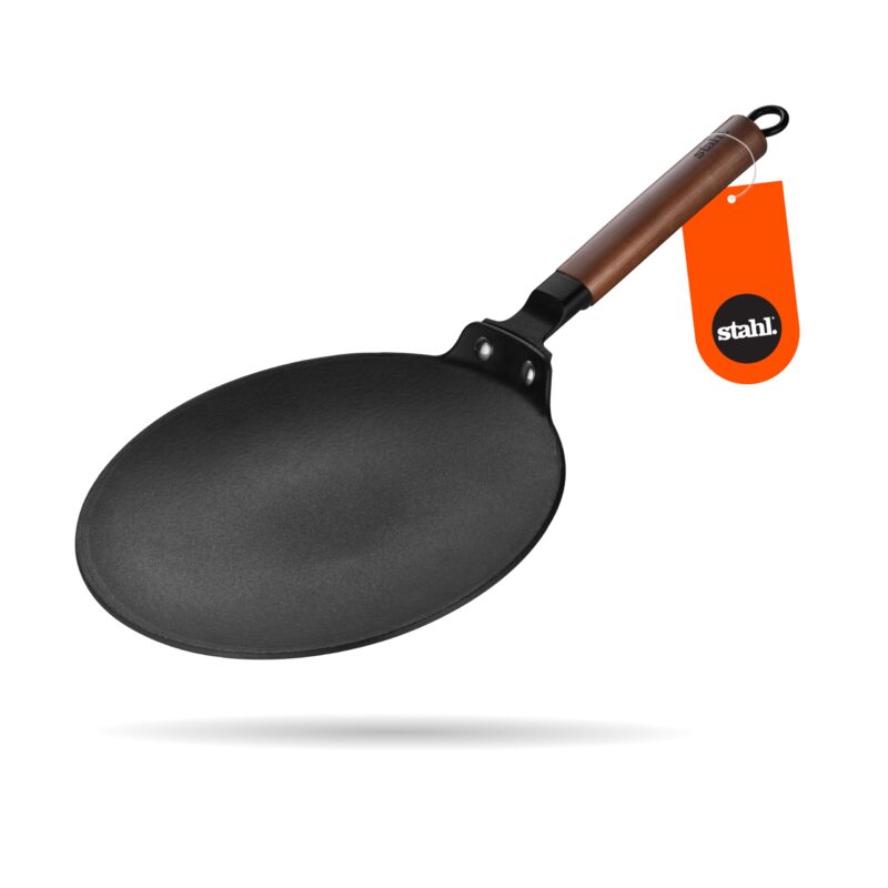 Stahl Blacksmith Signature 26 cm Cast Iron Roti Tawa | for Fluffier Rotis, Crispier Parathas & Golden Chillas | Induction & Gas Stove Compatible | Acacia Wood Handle