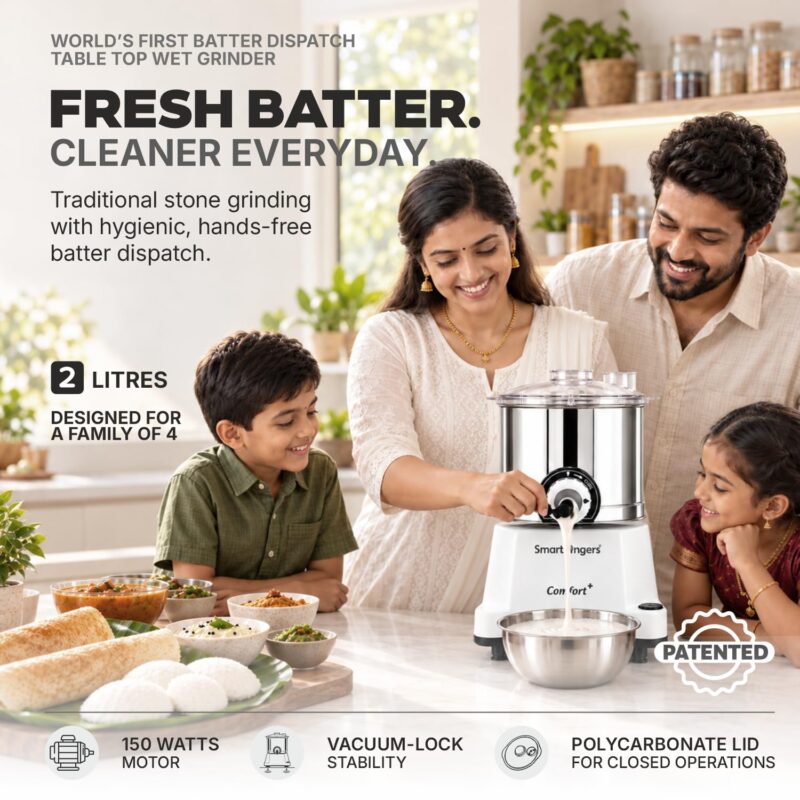 SmartFingers Comfort Plus Table Top Magic Wet Grinder 230V 50hz, 2 Liter, White, 2 Stone - Image 2