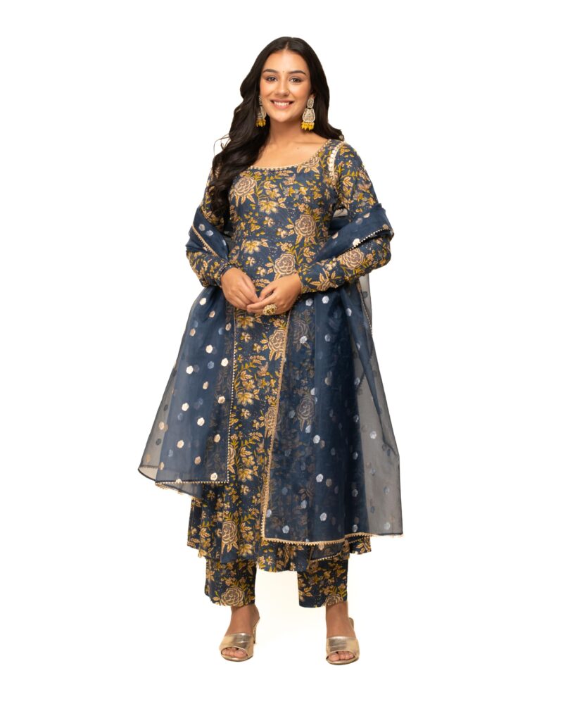 FIORRA Women's Navy Blue Cotton A-line Kurta with Pant and Dupatta SET0112