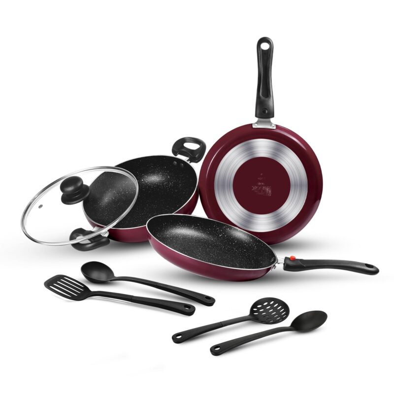 Milton Pro Cook Kitchen Pride Plus Granito I Set of 7 Non Stick Cookware | Non Induction I Cooking Pan, Kadhai with Lid, Tawa, Nylon Laddle & Spatula I Peach Metallic - Image 6