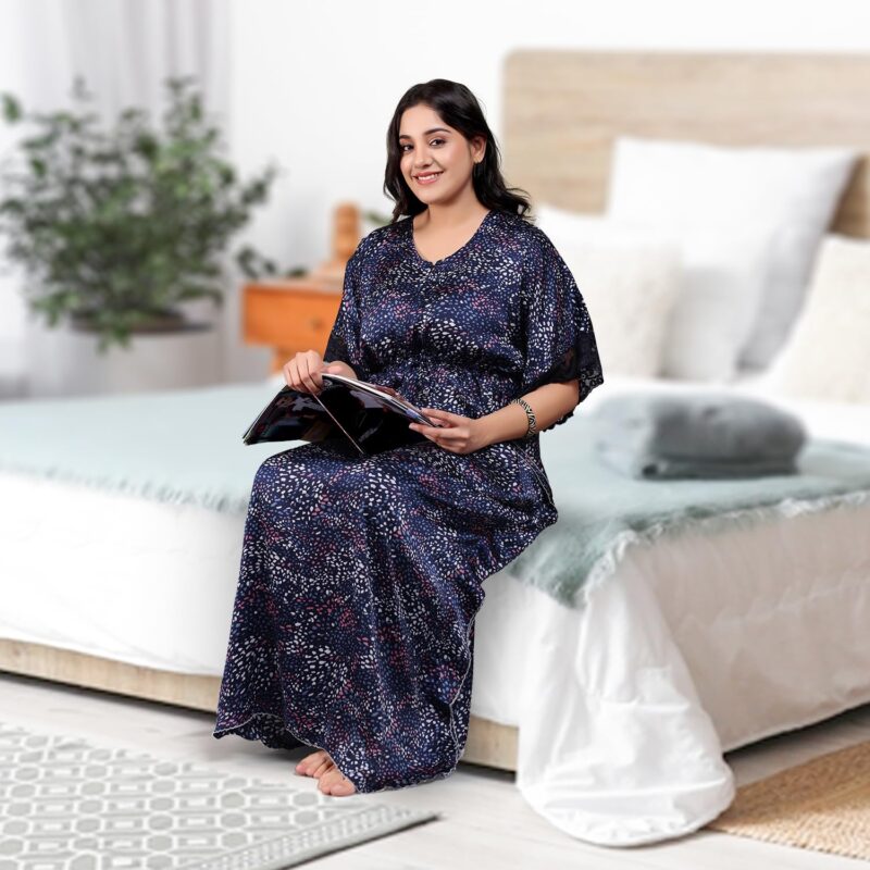 EliteZilla Kaftan Nighty| Nighty for Women Stylish| Night Gown for Women Stylish| Malai Satin Soft Fabric| Easy Front Zip| Relaxed Free Size Fit with Drawstring| Midnight Blue - Image 2