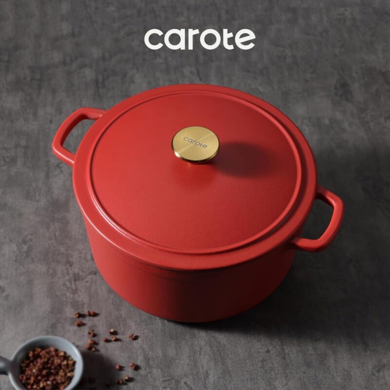 CAROTE Dutch Oven 4.7L Enameled Cast Iron Pot with Lid, Biryani, Red - Image 7