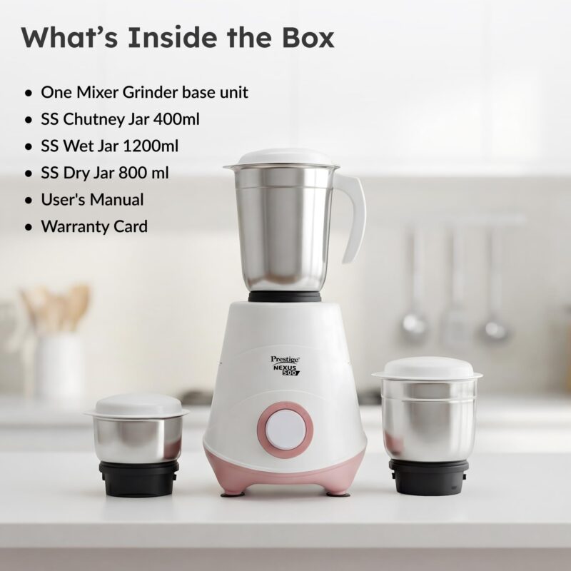 Prestige 500W Nexus Mixer Grinder with 3 Stainless Steel jars|1200ml Wet Jar,800ml dry jar, 400ml chutney jar|3 Super-efficient Blades|3 motor setting|Sturdy Handles |2 Yrs Warranty|White & Rose Gold - Image 7
