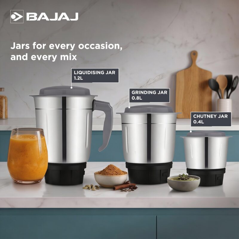 Bajaj GX-1 Mixer Grinder 500W | Superior Mixie For Kitchen | 2-In-1 For Dry Grinding | Blade Function With Titan Motor | 3 Stainless Steel Mixer Jars | 1 Year Product Warranty By Bajaj 【Black】 - Image 4