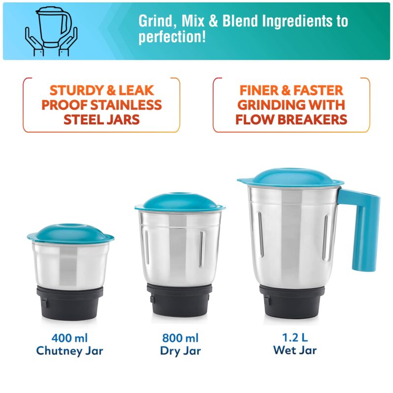 USHA Rapidmix 500-Watt Copper Motor Mixer Grinder With 3 Jars And 2 Years Product Warranty & 5 Years Motor Warranty (Sea Green/White), 500 Watt - Image 5