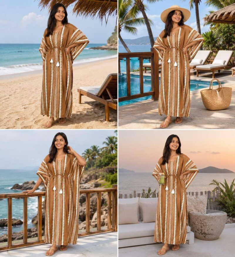 Women's Pure Cotton Kaftan Maxi Dress, Brown Geometric Print, V-Neck Loose Fit with Drawstring Waist & Wide Sleeves | Kaftan Nighty, Beach Cover Up, Vacation & Lounge Wear | Free Size S-XXL - Image 5