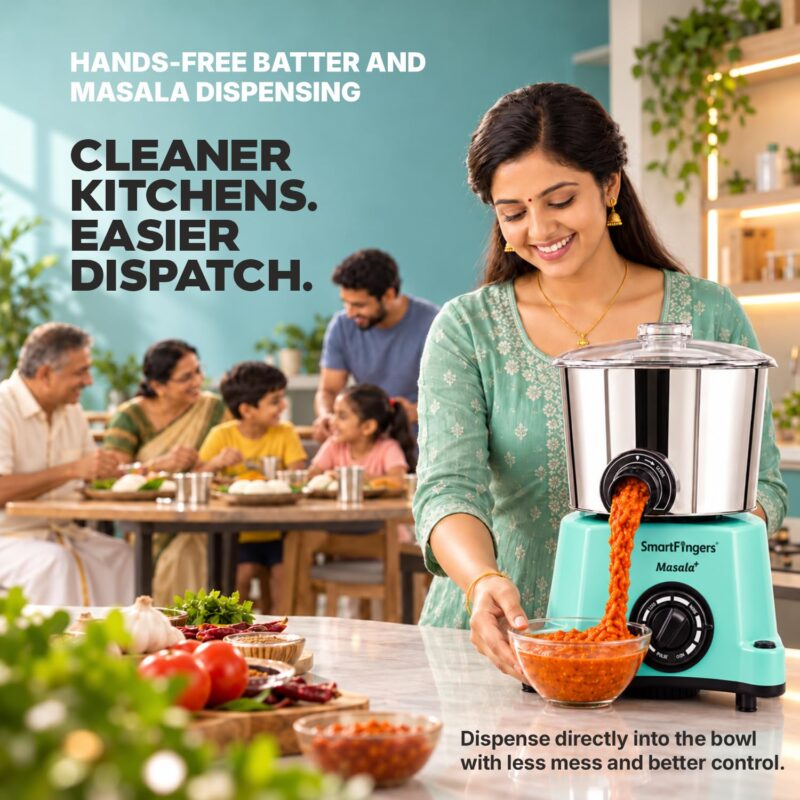 SmartFingers Masala + Table Top Wet Grinder 230V, 3 Liter, Green with Coconut Scrapper & Atta Kneader Attachment | Hands-Free Batter Dispenser | Top Wiper, 220W Motor | 5 Years Warranty | ABS - Image 3