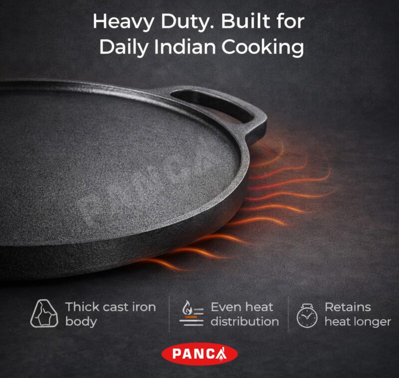 PANCA Pre-Seasoned Cast Iron Dosa Tawa 30 cm | Heavy Roti/Chapati Tawa for Gas & Induction | Chemical-Free, Naturally Non-Stick Pan (2 in 1 Grill Tawa) - Image 7