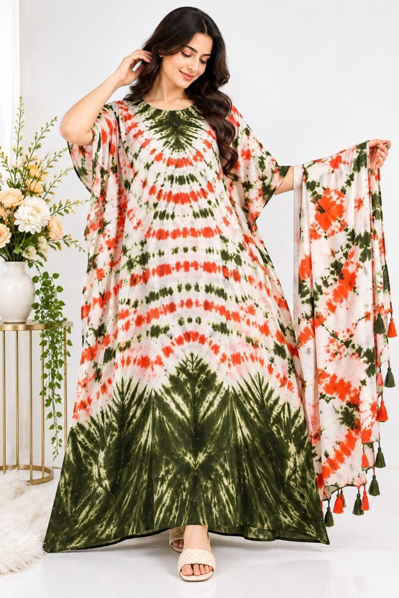 Tie-Dye Kaftan Nighty Set with Dupatta, Free Size - Image 2