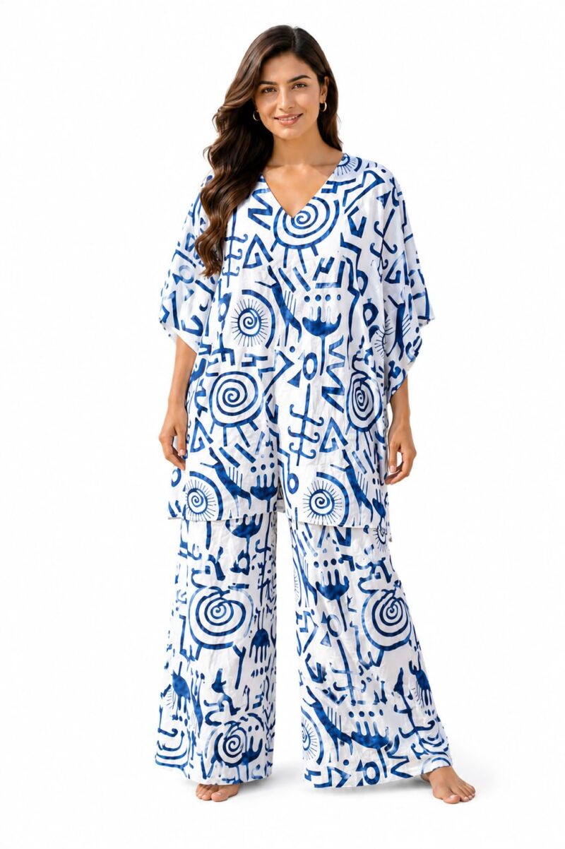 Women's Cotton Printed Kaftan Co-Ord Set | V-Neck Oversized Kaftan Top with Palazzo Pants | Beach Wear, Resort Wear, Lounge Wear | White & Blue (XXL)