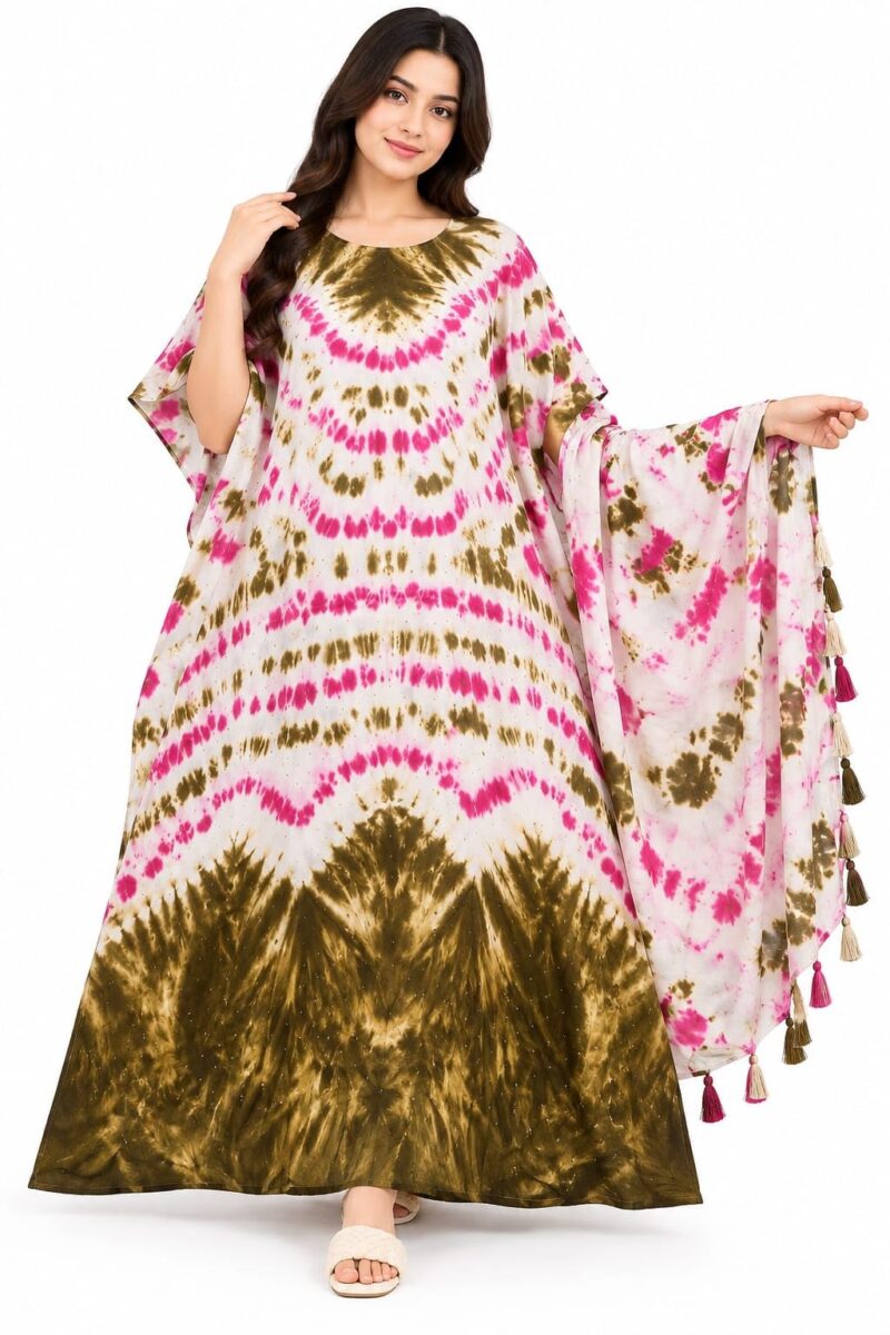 Tie-Dye Kaftan Nighty Set with Dupatta, Free Size