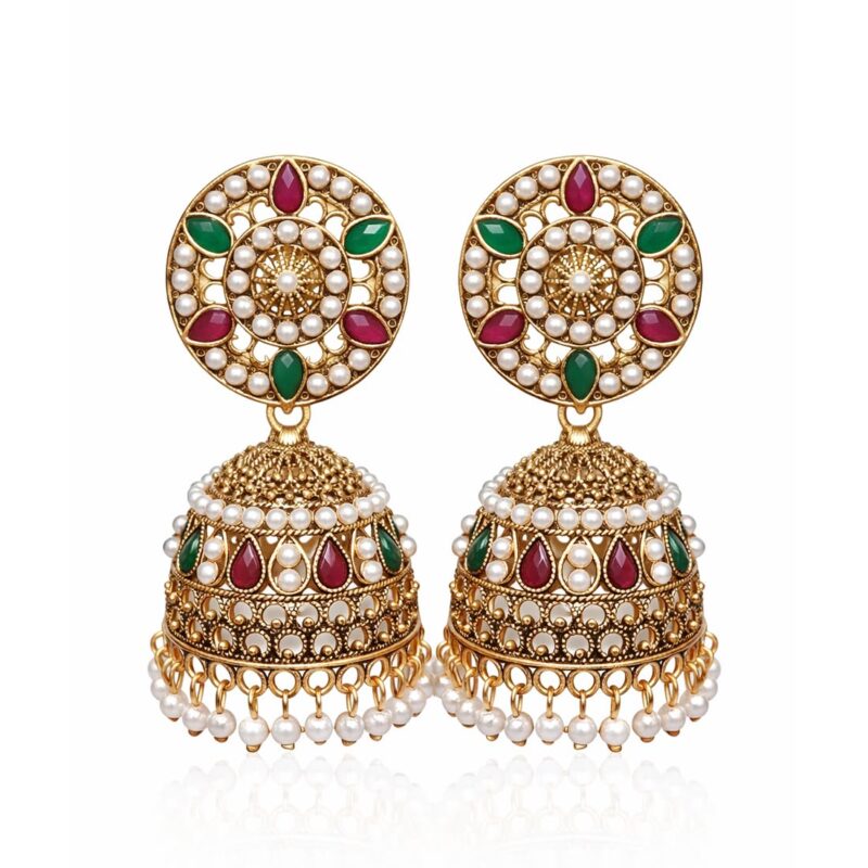 Gold Plated Kundan Jhumka Earrings for Women Traditional Indian Ethnic Dome Earrings with Pearl Beads Red Green Stones Bridal Festive Party, Pack of 1