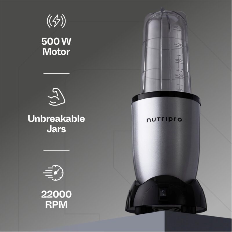NutriPro Juicer Mixer Grinder Stainless Steel - Smoothie Maker - 500 Watts (2 Jars & 1 Blade, Silver) - 2 Year Warranty - Image 2