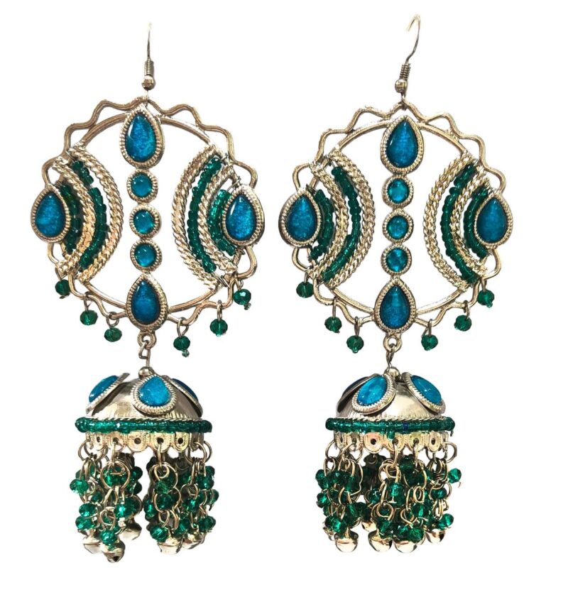 Fuschianet Accessories New Improved Maula Mere Maula Husna Blue Silver Alloy Oxidized Paisley Large Jhumka Earrings for Women and Girls
