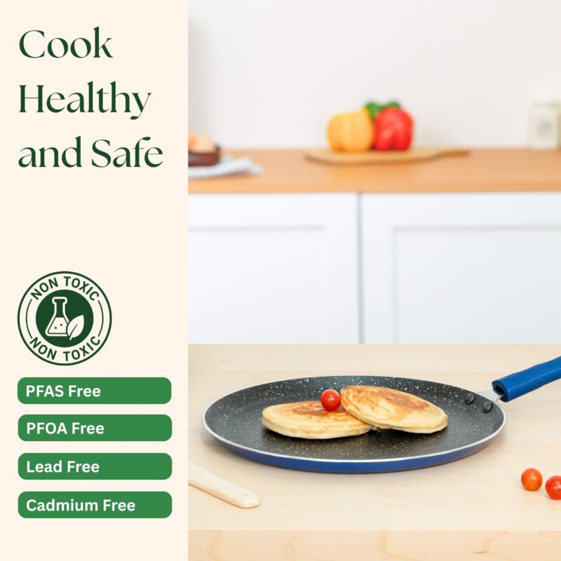 Kreme Aluminium Non-Stick Dosa Tawa | Granite Finish | Gas and Induction Compatible | PFOA Free | High Temperature Resistant Exterior Coating | Sturdy Soft Touch Handle | ISI Certified | 28 Cm | Blue - Image 4