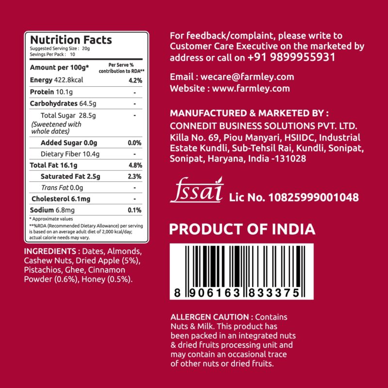 Farmley Apple Pie Date Bites | Pack of 10 I Dates Barfi Made with Dates, Dried Apple,Pista, Cashews, Almonds, Honey, Cinnamon and Pure Ghee 200g - Image 3