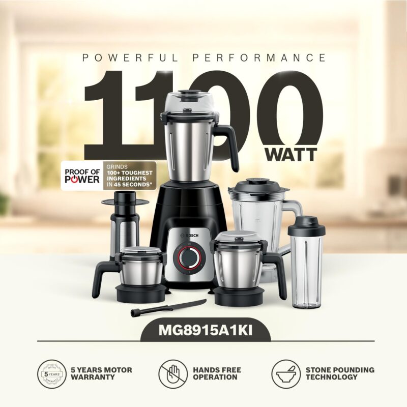 Bosch TrueMixx Pro 1100W Mixer Grinder | German Engineering for Precision Grinding | 5 Jars including Blend & Carry Jar | Hands-Free Operation with Lid Locks | 5 Year Motor Warranty 【MG8915A1KI】 - Image 10