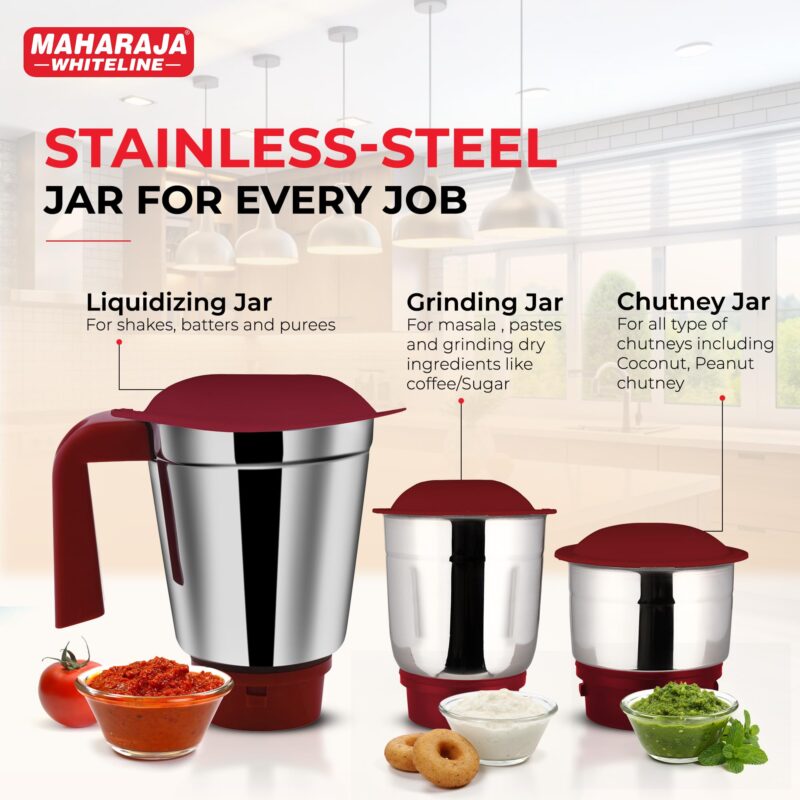 Maharaja Whiteline 500W Mixer Grinder with 3 Stainless Steel Jars with lid and 20,000 RPM Motor Speed (White & Cherry Red) - Image 4