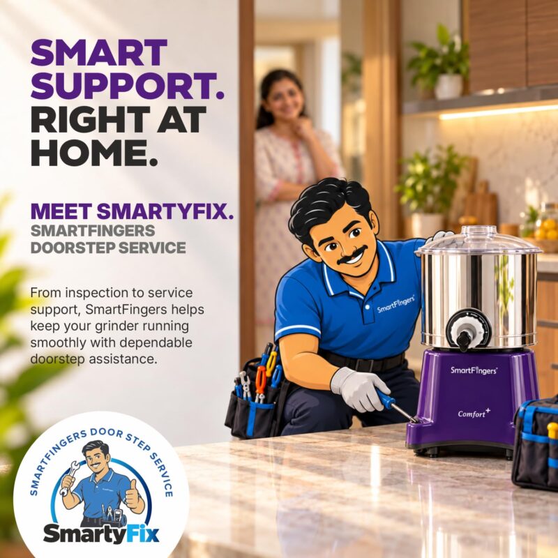 SmartFingers Comfort + Table Top Wet Grinder 230V, 3 Liter, Violet with Coconut Scrapper & Atta Kneader Attachment | Hands-Free Batter Dispenser | Top Wiper, 220W Motor | 5 Years Warranty | ABS - Image 10