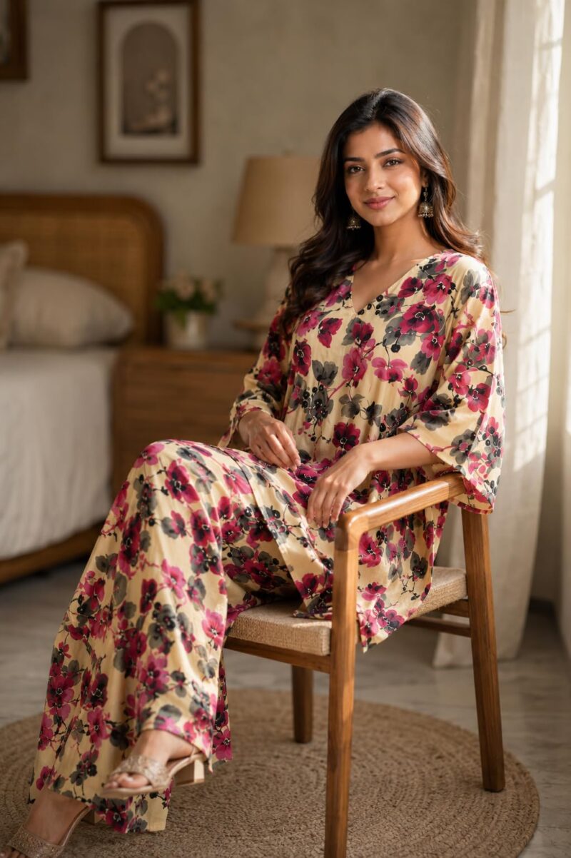 Women's Floral Printed Cotton Kaftan & Palazzo Set | V-Neck Loose Fit Lounge Wear Co-Ord Set | Soft Breathable Casual Nightwear Loungewear for Women | Beige (XXL) - Image 2