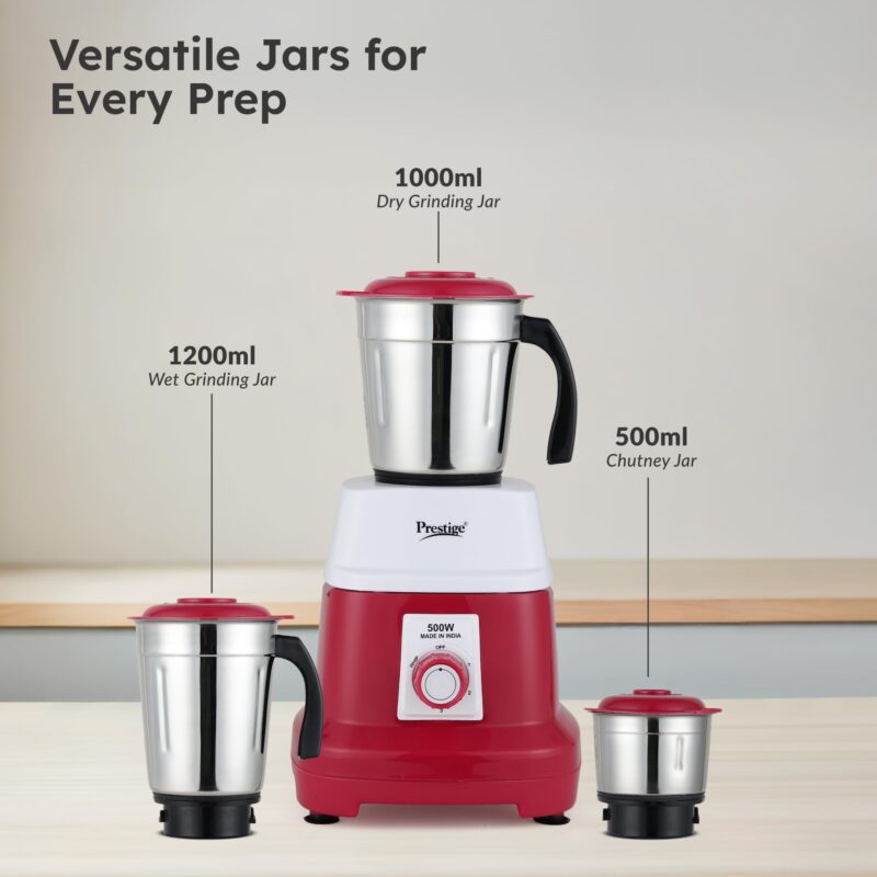 Prestige Orion 500 Watts Mixer Grinder with 3 Stainless Steel Jars |3 Super Efficient Stainless Blades |Sturdy Handles|Red & White - Image 3