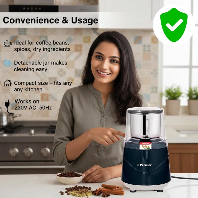 Premier Spice Grinder | 350W Wet & Dry Multifunction Food Grinder | Stainless Steel Herbs, Spices, Nuts, and Coffee Grinder for Home & Office with Detachable Jar - Image 4