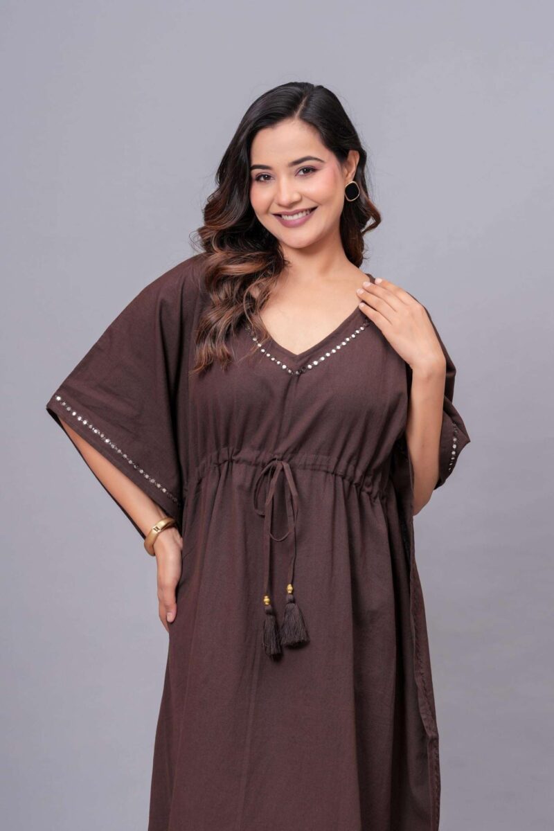 TEXTILE TONES Women’s Chocolate Brown Kaftan Dress - V Neck Maxi Dress with Adjustable Waist Tie, Lightweight Loose Fit Beach Cover Up for Vacation, Resort, Poolside & Casual Wear, Free Size - Image 8