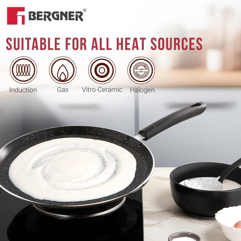 BERGNER Amarone 28cm Non-Stick Dosa Tawa, Durable, Non-Stick Coating, Marble Finish, Ergonomic Bakelite Handle with Excellent Grip, Pressed Aluminium, Large Size - Induction and Gas Stove Compatible - Image 5
