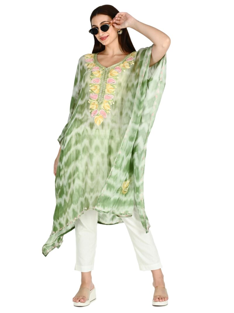 TVAREETAZ Women Kashmiri Shibori Georgette Kaftan, Printed Pattern, Lightweight Fabric, Free Size, Relaxed Fit (TAZ108) Multicolour - Image 6