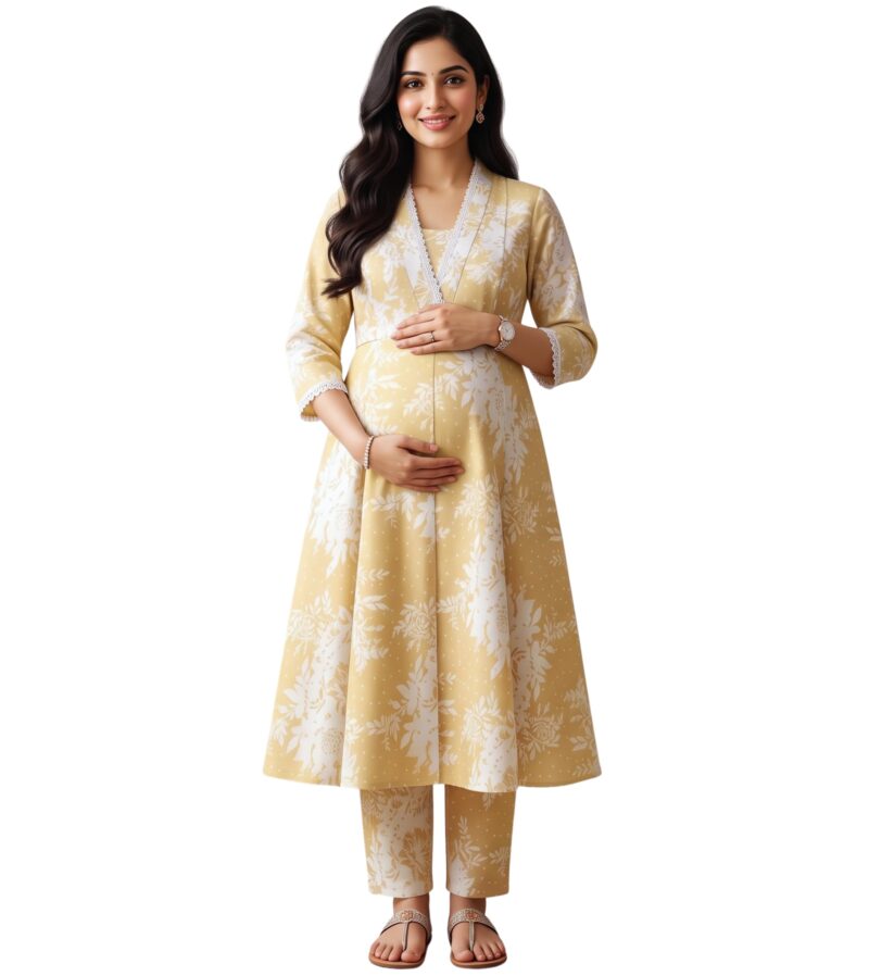 DUMMY SHAPE Maternity Dresses For Women Cotton Blend | Floral Anarkali Feeding Kurta Pant Cord Set With Nursing Zippers, Side Pocket | Pregnant & Breastfeeding Suit | Baby Shower | Pregnancy Mom Gifts