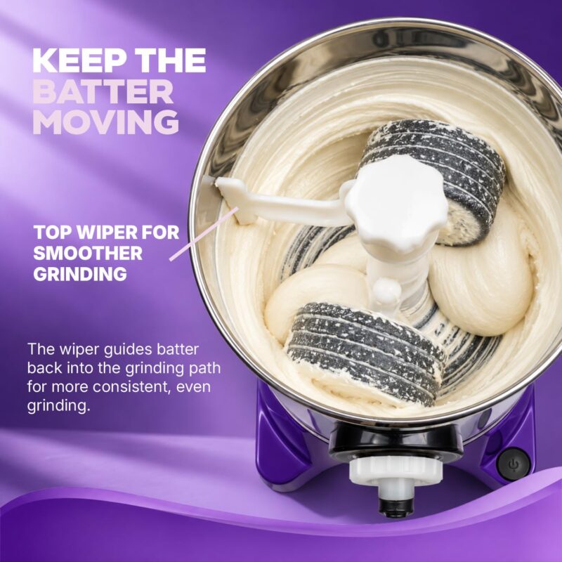 SmartFingers Comfort + Table Top Wet Grinder 230V, 3 Liter, Violet with Coconut Scrapper & Atta Kneader Attachment | Hands-Free Batter Dispenser | Top Wiper, 220W Motor | 5 Years Warranty | ABS - Image 5
