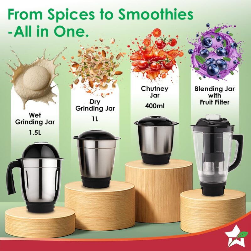 Wonderchef Vista Mixer Grinder | 4 Multi-purpose Jars | 750W | Sharp Stainless-steel Blades | For Masalas, Chutneys, Fresh Fruit Juices | 3-Speed Control | Advanced Safety Features | 2-Year Warranty - Image 4