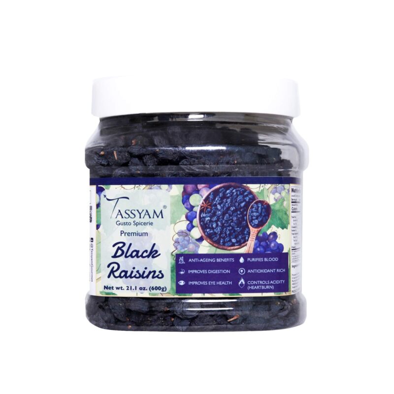 TASSYAM Premium Hand Picked Black Raisins 600Gm Jumbo Jar | Healthy Natural Dry Fruits Luxury Pack Of Kali Draksh Kishmish