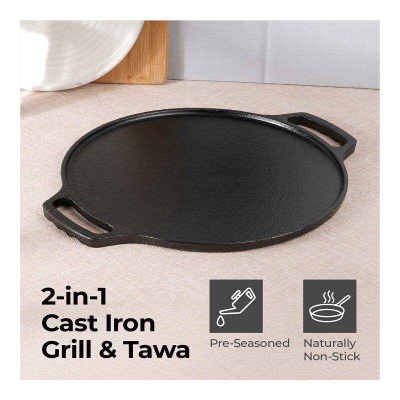 Lifelong Cast Iron 2-in-1 Dosa Tawa & Grill with Wooden Spatula (30cm) | Double-Sided Tawa/Pan for Roti, Dosa, Chapati, Fish & Steak | Naturally Nonstick, Gas & Induction Cookware | Reversible Cooking - Image 8