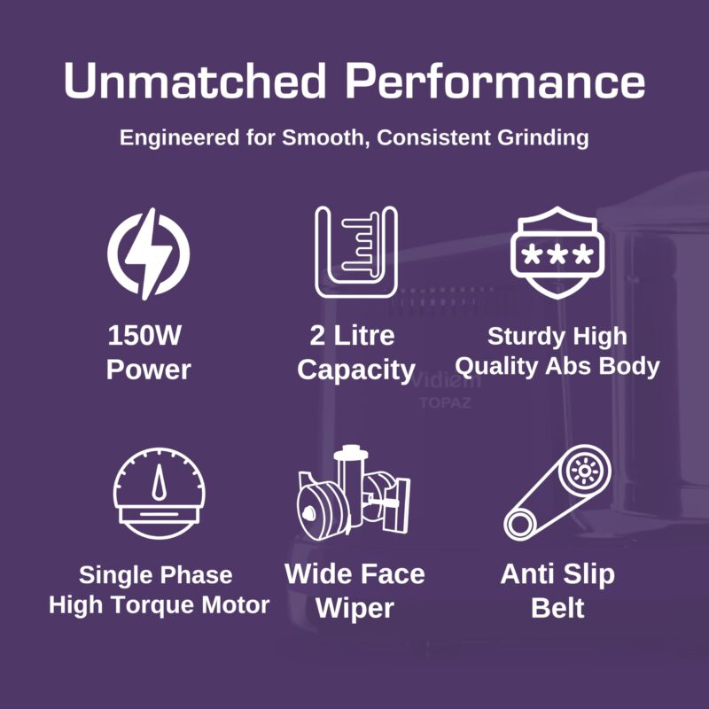 Vidiem Topaz 150W Wet Grinder for Idli Dosa Batter | 2L Stainless Steel Drum, Extra Wide Stone Rollers, High Torque Motor | ISI Certified | ABS Body | 5-Yr Motor Warranty | Lavender - Image 7