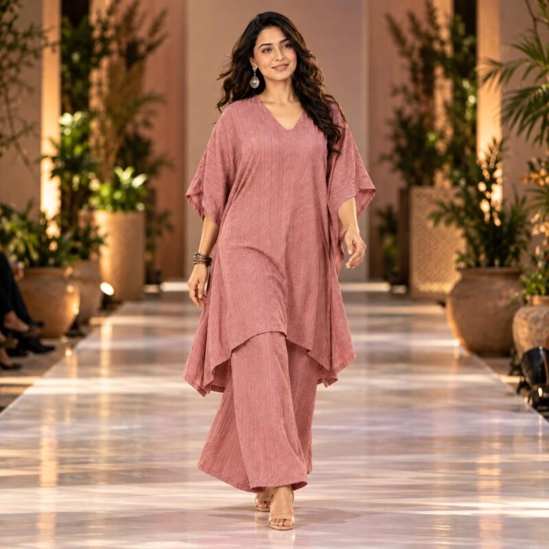 Women's Pure Cotton Kaftan Co-ord Set, Asymmetric Hem - Image 3