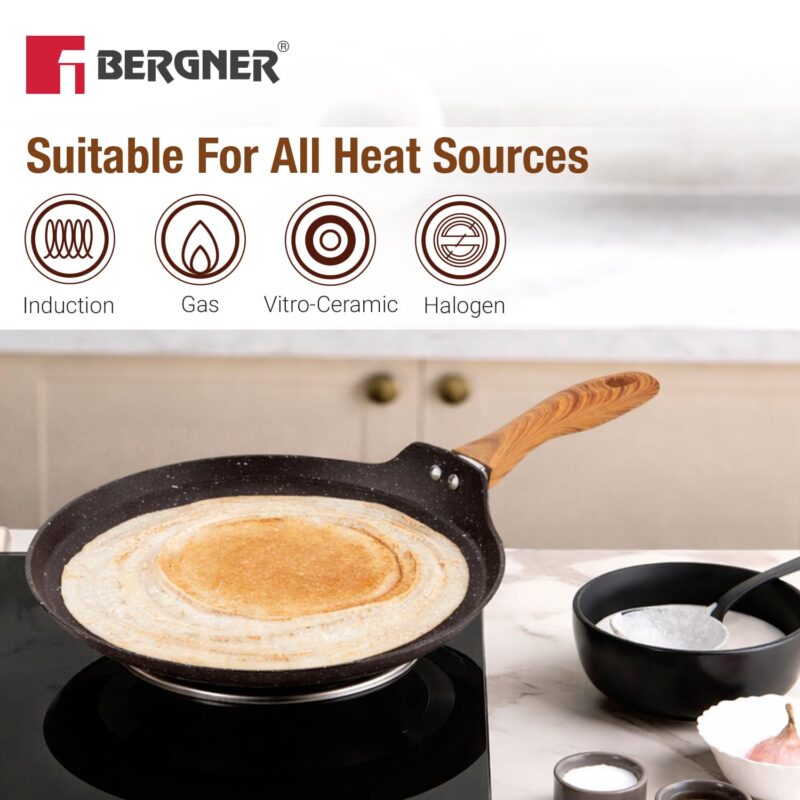 BERGNER Ivory Black Granite Non-Stick 28cm Dosa Tawa, 3-Layer Marble Healthy Non-Stick Coating, Forged Aluminium, PFOA Free, Non Toxic, Large Flat Dosa Tawa, Induction and Gas Stove Ready - Black - Image 5