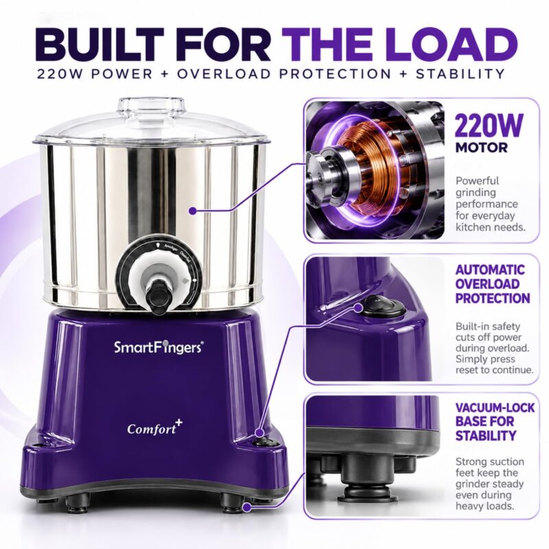 SmartFingers Comfort + Table Top Wet Grinder 230V, 3 Liter, Violet with Coconut Scrapper & Atta Kneader Attachment | Hands-Free Batter Dispenser | Top Wiper, 220W Motor | 5 Years Warranty | ABS - Image 9