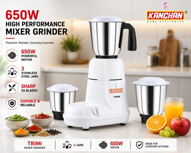 Kanchan Trimi Mixer Grinder 650 Watt with 3 Stainless Steel Jars - Mixer Grinder for Kitchen - Wet and Dry Grinding Powerful Motor with Highly Efficient SS Blades, ISI Certified with 2 Year Warranty - Image 2