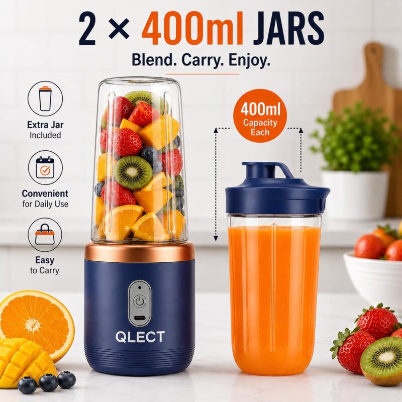 QLECT Portable Blender for Smoothies & Juices | 400ml Personal Juicer Mixer Grinder | 1500mAh USB Rechargeable Battery | 2 Jars | Stainless Steel Blades | ISI Certified | Made in India(Blue) - Image 4