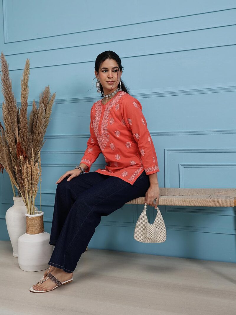 Ada Hand Embroidered Chikankari Red Cotton Top for Women A911387 (S) - Image 7