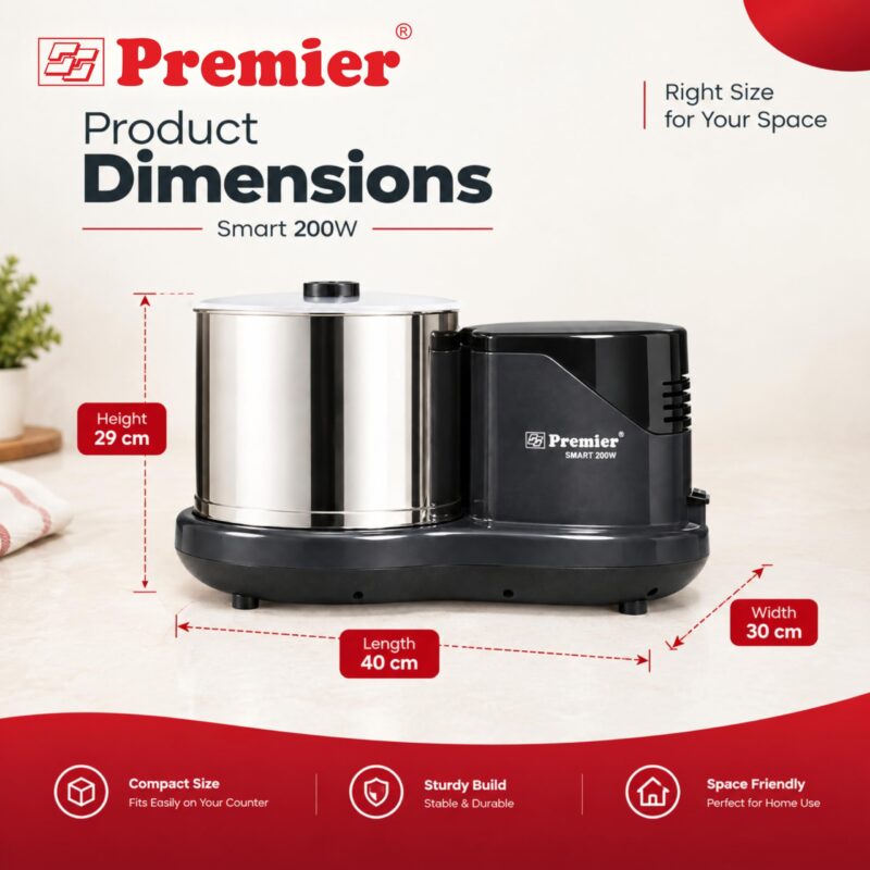 Premier Smart 2 Litre Table Top Wet Grinder 200 Watts 230V | Stainless Steel Drum | Free Coconut Scraper & Dough Kneader | 2 Stone Grinding | Easy Maintenance | 2 Years Motor Warranty | PG512 - Image 4